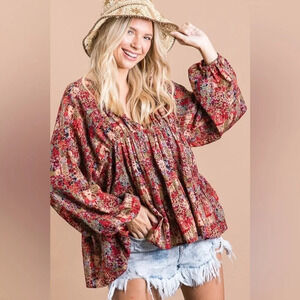 DARLING Women’s Size S Burgundy Multicolor Flowy V-neck Boho Tiered Blouse